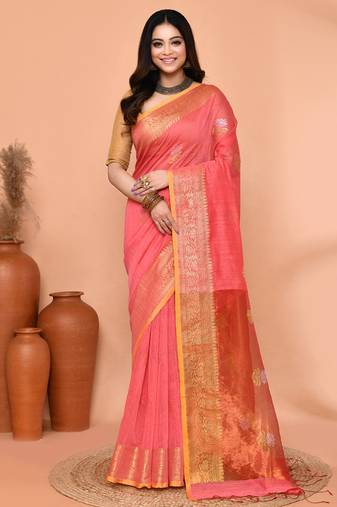peach pink cotton blend handloom saree with running blouse piece pallu & border zari work