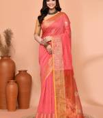 peach pink cotton blend handloom saree with running blouse piece pallu & border zari work