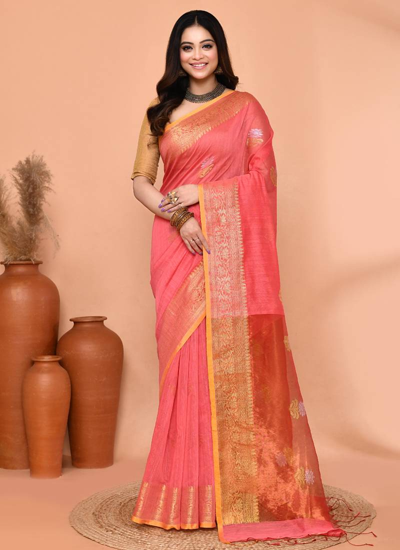 peach pink cotton blend handloom saree with running blouse piece pallu & border zari work