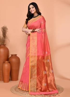 peach pink cotton blend handloom saree with running blouse piece pallu & border zari work 2