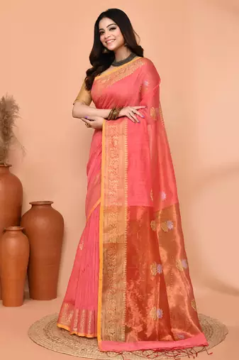 peach pink cotton blend handloom saree with running blouse piece pallu & border zari work