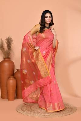 peach pink cotton blend handloom saree with running blouse piece pallu & border zari work 3