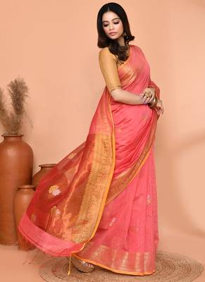 peach pink cotton blend handloom saree with running blouse piece pallu & border zari work 4