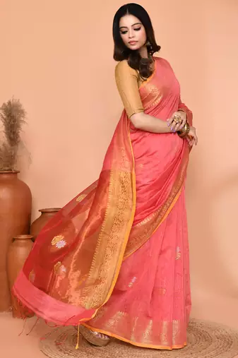 peach pink cotton blend handloom saree with running blouse piece pallu & border zari work