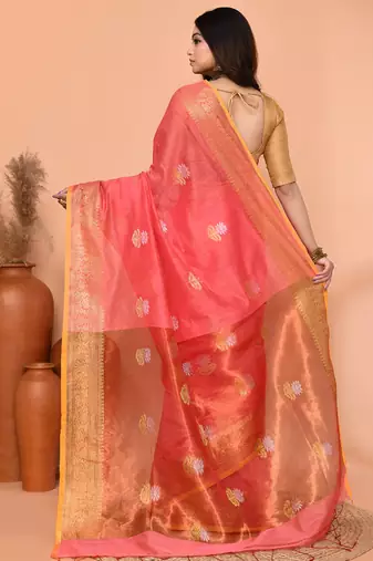 peach pink cotton blend handloom saree with running blouse piece pallu & border zari work