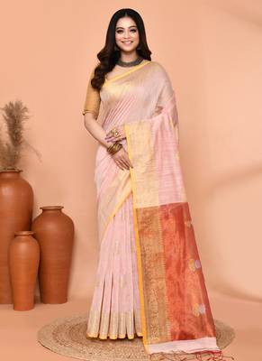 off white cotton blend handloom saree with running blouse piece pallu & border zari work 1
