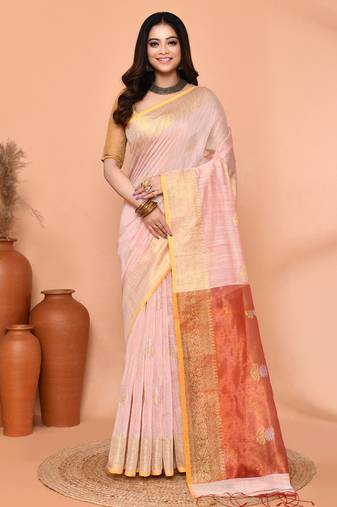off white cotton blend handloom saree with running blouse piece pallu & border zari work