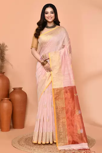 off white cotton blend handloom saree with running blouse piece pallu & border zari work