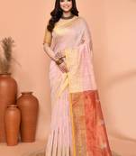 off white cotton blend handloom saree with running blouse piece pallu & border zari work