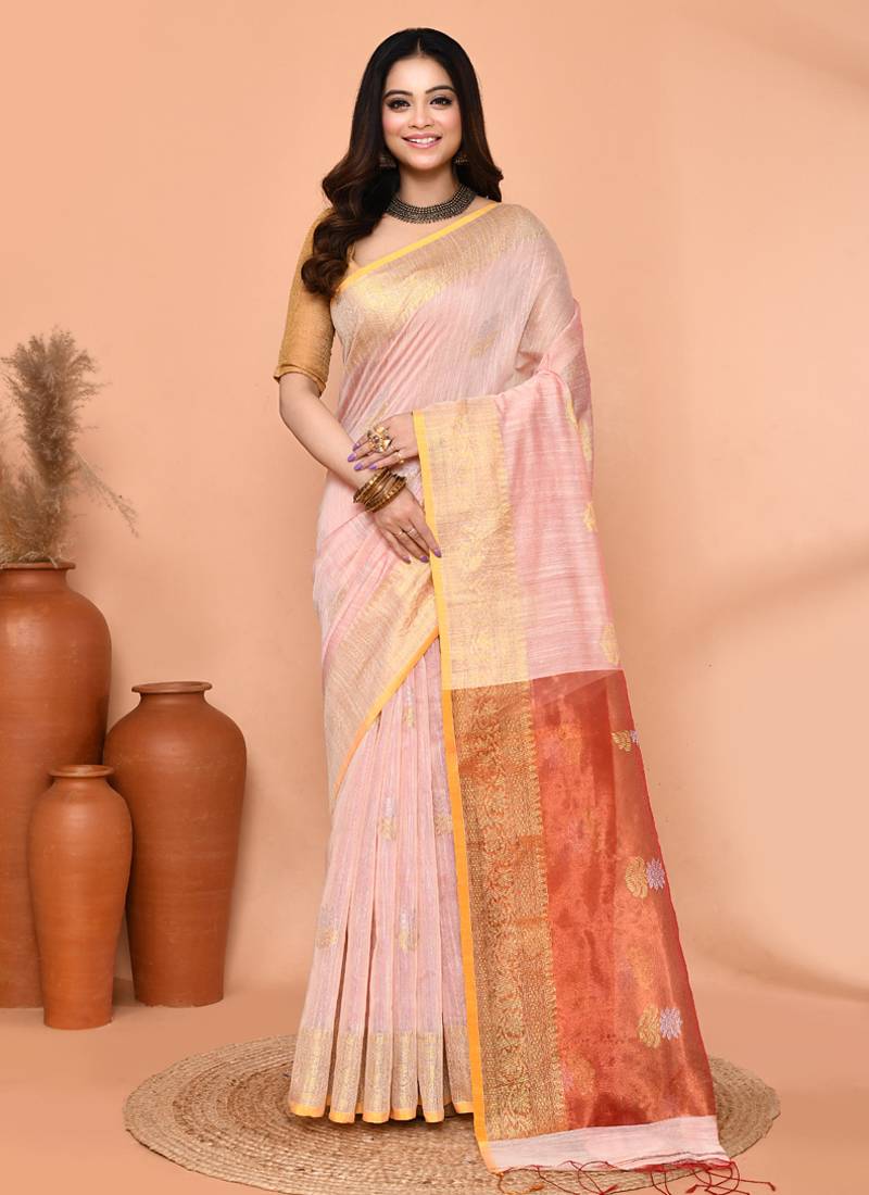 off white cotton blend handloom saree with running blouse piece pallu & border zari work