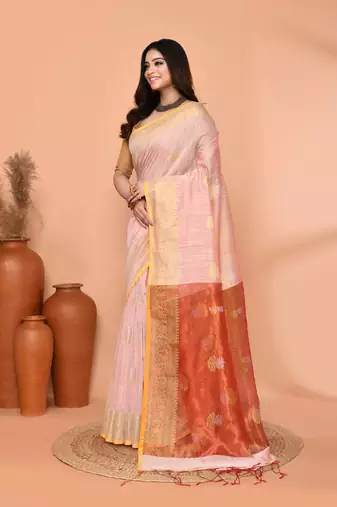 off white cotton blend handloom saree with running blouse piece pallu & border zari work