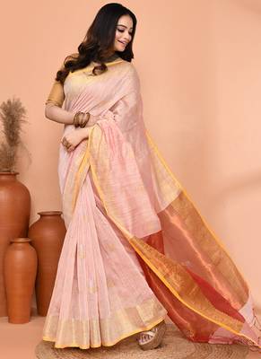 off white cotton blend handloom saree with running blouse piece pallu & border zari work 3