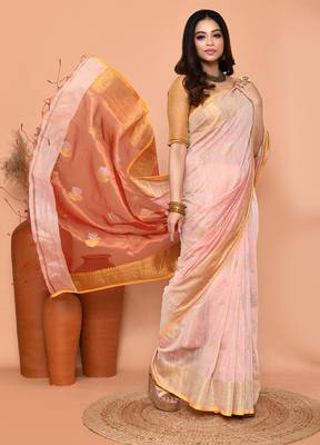 off white cotton blend handloom saree with running blouse piece pallu & border zari work 4