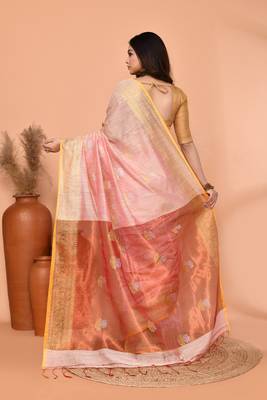 off white cotton blend handloom saree with running blouse piece pallu & border zari work 5