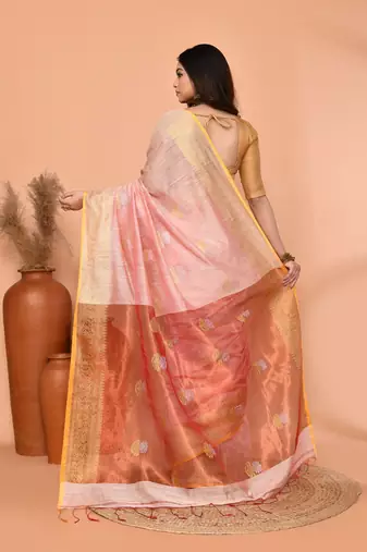 off white cotton blend handloom saree with running blouse piece pallu & border zari work