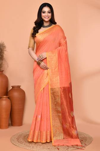 peach orange cotton blend handloom saree with running blouse piece pallu & border zari work