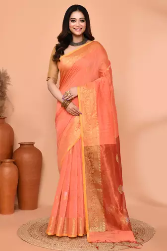 peach orange cotton blend handloom saree with running blouse piece pallu & border zari work