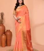 peach orange cotton blend handloom saree with running blouse piece pallu & border zari work