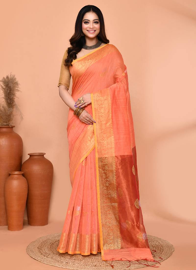 peach orange cotton blend handloom saree with running blouse piece pallu & border zari work