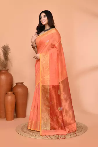 peach orange cotton blend handloom saree with running blouse piece pallu & border zari work