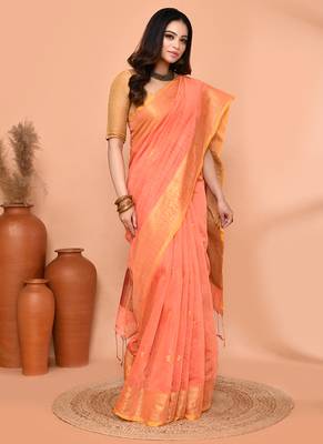 peach orange cotton blend handloom saree with running blouse piece pallu & border zari work 3