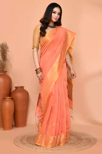 peach orange cotton blend handloom saree with running blouse piece pallu & border zari work