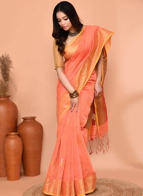 peach orange cotton blend handloom saree with running blouse piece pallu & border zari work 4