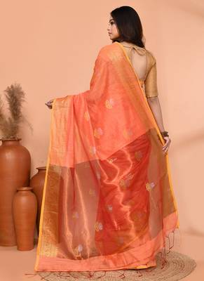 peach orange cotton blend handloom saree with running blouse piece pallu & border zari work 5