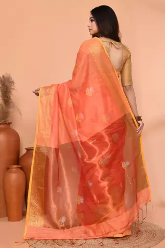 peach orange cotton blend handloom saree with running blouse piece pallu & border zari work