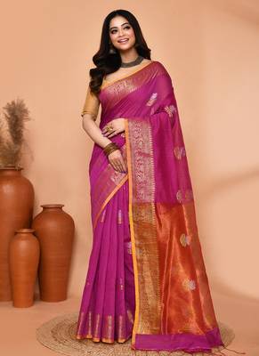 magenta cotton blend handloom saree with running blouse piece pallu & border zari work 1