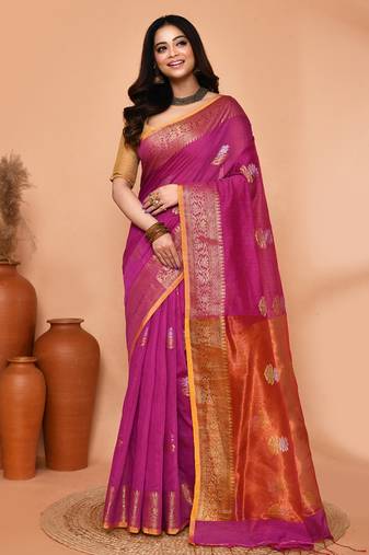 magenta cotton blend handloom saree with running blouse piece pallu & border zari work