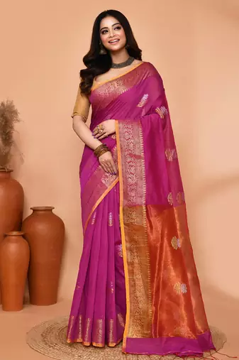 magenta cotton blend handloom saree with running blouse piece pallu & border zari work