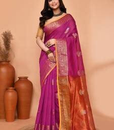 magenta cotton blend handloom saree with running blouse piece pallu & border zari work