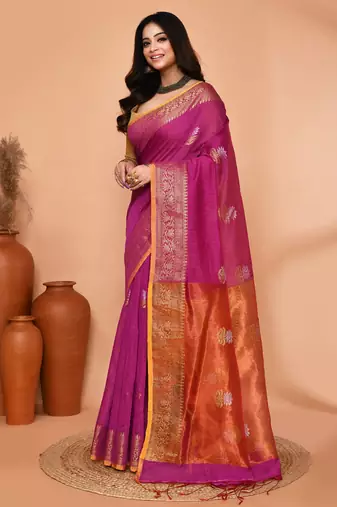 magenta cotton blend handloom saree with running blouse piece pallu & border zari work
