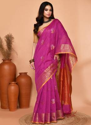 magenta cotton blend handloom saree with running blouse piece pallu & border zari work 3