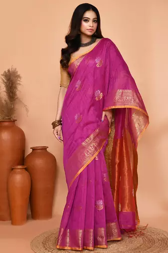 magenta cotton blend handloom saree with running blouse piece pallu & border zari work
