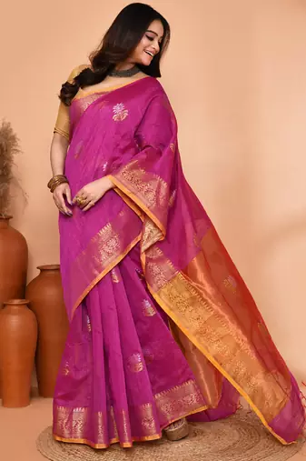 magenta cotton blend handloom saree with running blouse piece pallu & border zari work