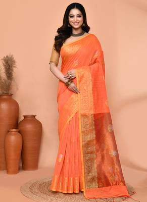 orange cotton blend handloom saree with running blouse piece pallu & border zari work 1
