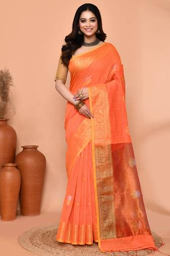 orange cotton blend handloom saree with running blouse piece pallu & border zari work