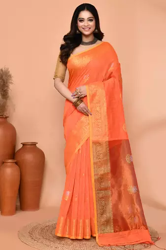 orange cotton blend handloom saree with running blouse piece pallu & border zari work