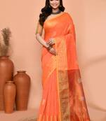 orange cotton blend handloom saree with running blouse piece pallu & border zari work
