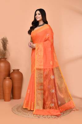 orange cotton blend handloom saree with running blouse piece pallu & border zari work 2