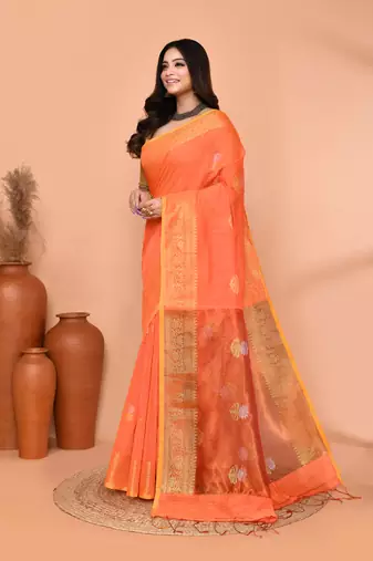 orange cotton blend handloom saree with running blouse piece pallu & border zari work