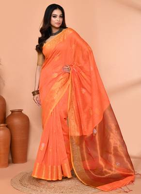 orange cotton blend handloom saree with running blouse piece pallu & border zari work 3