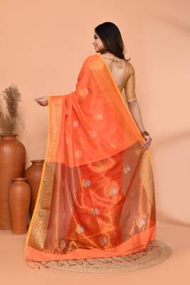 orange cotton blend handloom saree with running blouse piece pallu & border zari work 5