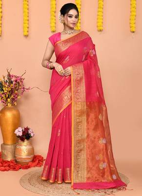 pink cotton blend handloom saree with running blouse piece pallu & border zari work 1