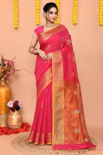 pink cotton blend handloom saree with running blouse piece pallu & border zari work