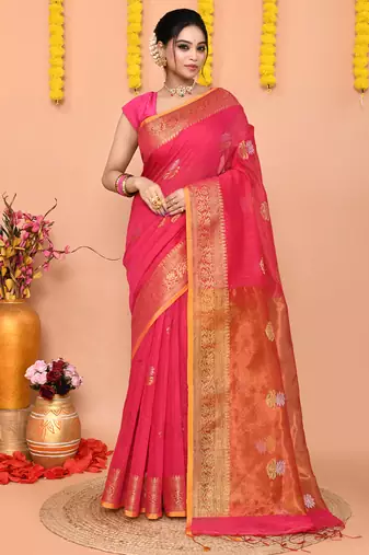 pink cotton blend handloom saree with running blouse piece pallu & border zari work