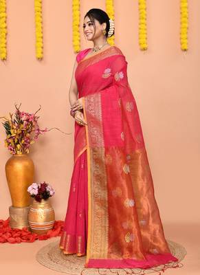 pink cotton blend handloom saree with running blouse piece pallu & border zari work 2