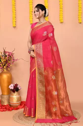 pink cotton blend handloom saree with running blouse piece pallu & border zari work